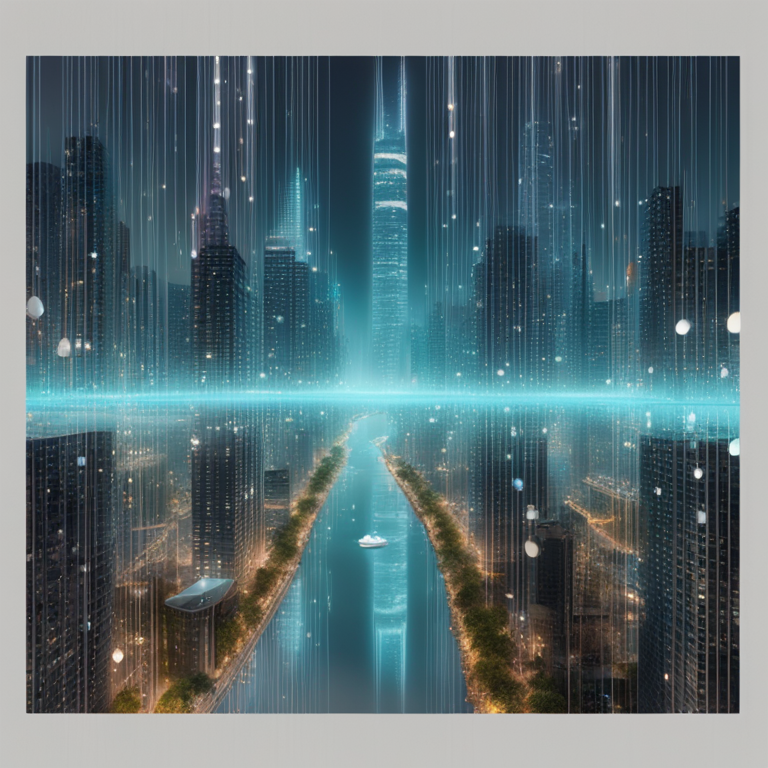 청록색 빛 줄기가 내려오는 미래형 도시의 수로를 위에서 내려다본 모습