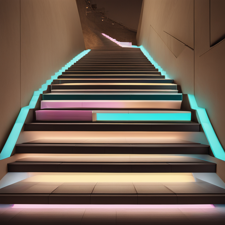 각 계단에 청록색과 분홍색 조명이 켜진 현대적인 건물 내부 계단