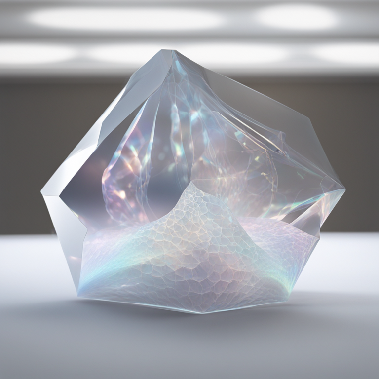 무지개빛을 반사하는 투명한 다면체 크리스털이 흰색 표면 위에 놓여 있다