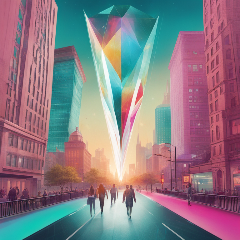 도심 거리 위에 거대한 무지개색 크리스털 조각이 떠 있고 사람들이 그 아래를 걷고 있다