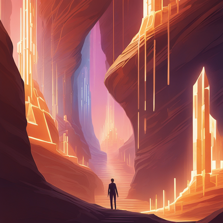 주황색과 보라색 빛이 감도는 협곡 사이로 한 사람의 실루엣이 걸어가고 있다