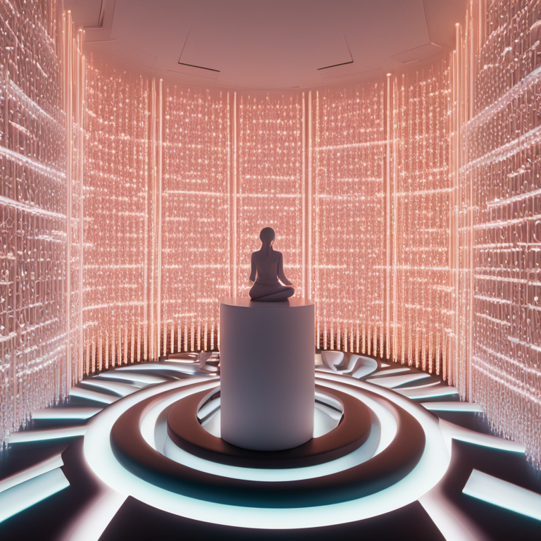 주황색으로 빛나는 수직 줄들로 둘러싸인 원형 방 중앙의 흰색 기둥 위에 한 사람이 명상 자세로 앉아 있다