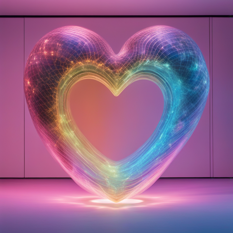 보라색 배경에 무지개색 빛을 발하는 하트 모양 구조물이 떠 있다