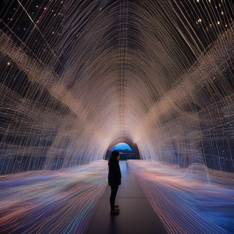 빛나는 줄들이 터널처럼 이어진 통로를 한 사람이 걸어가고 있다