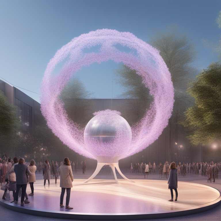 야외 광장에 분홍색 입자로 이루어진 거대한 원형 고리 조각이 설치되어 있고 사람들이 모여 있다