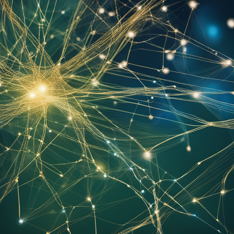 청록색 배경에 금색 신경망 구조가 빛나며 연결되어 있는 추상적 이미지