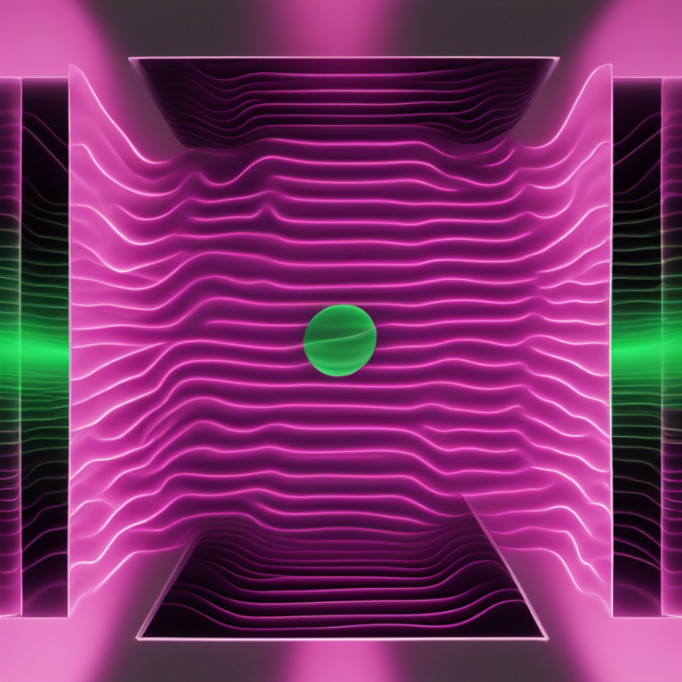 분홍색 물결 패턴으로 둘러싸인 공간 중앙에 녹색 구체가 떠 있다