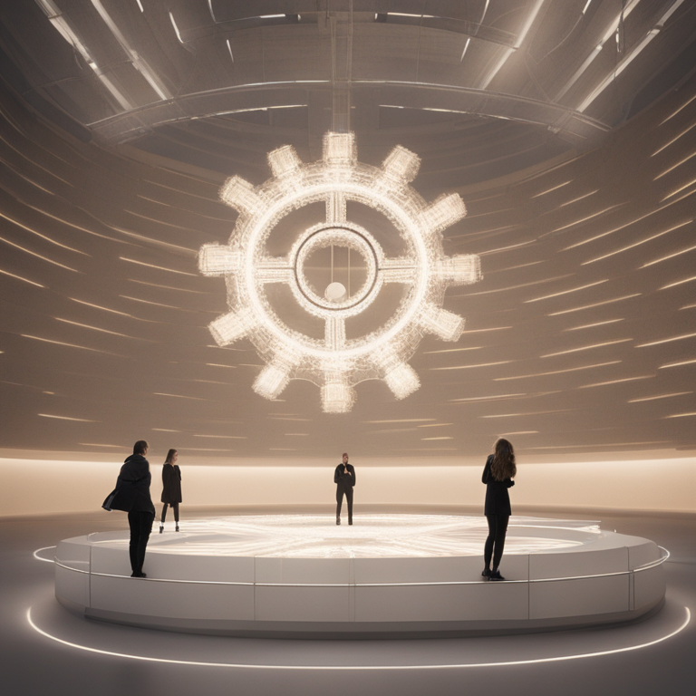 원형 무대 위에 사람들의 실루엣이 서 있고 천장에 톱니바퀴 모양의 거대한 조명이 빛나고 있다