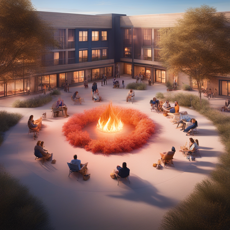 건물로 둘러싸인 광장 중앙에 주황색 원형 불 조각이 있고 사람들이 주변에 앉아 있다