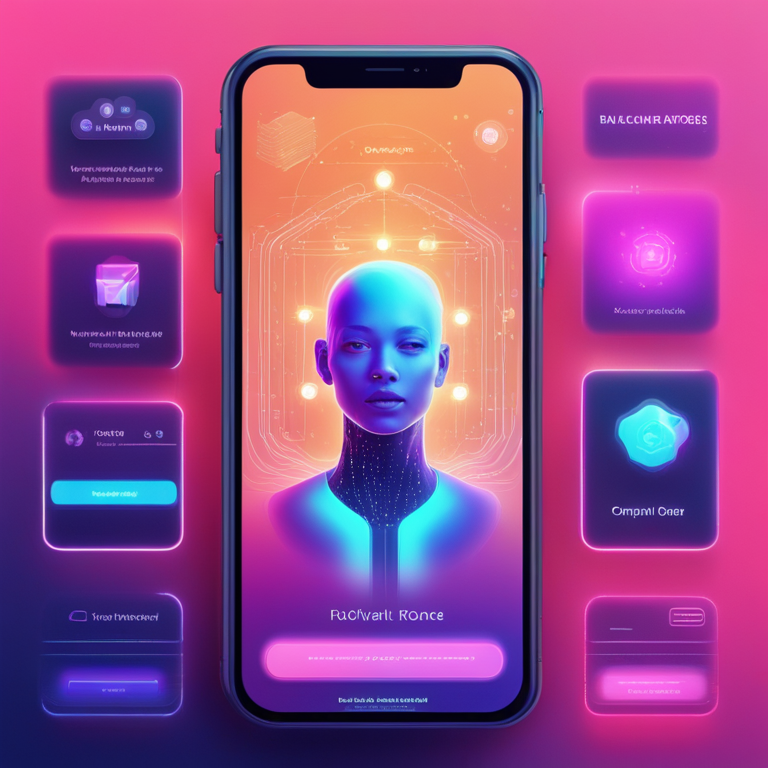 스마트폰 화면에 파란색 디지털 아바타 얼굴이 표시되고 주변에 여러 앱 인터페이스 카드들이 배치되어 있다Retry