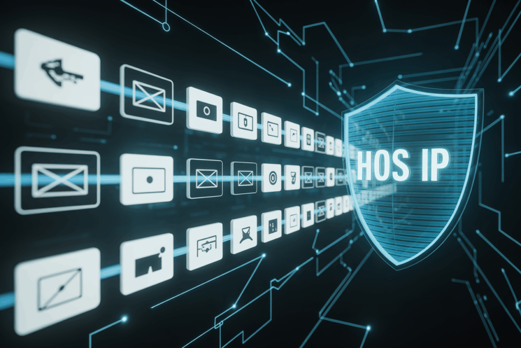 데이터 스트림과 이메일 아이콘들이 방패 모양의 ‘HOS IP’ 보안 실드로 보호되는 네트워크 보안 개념 이미지