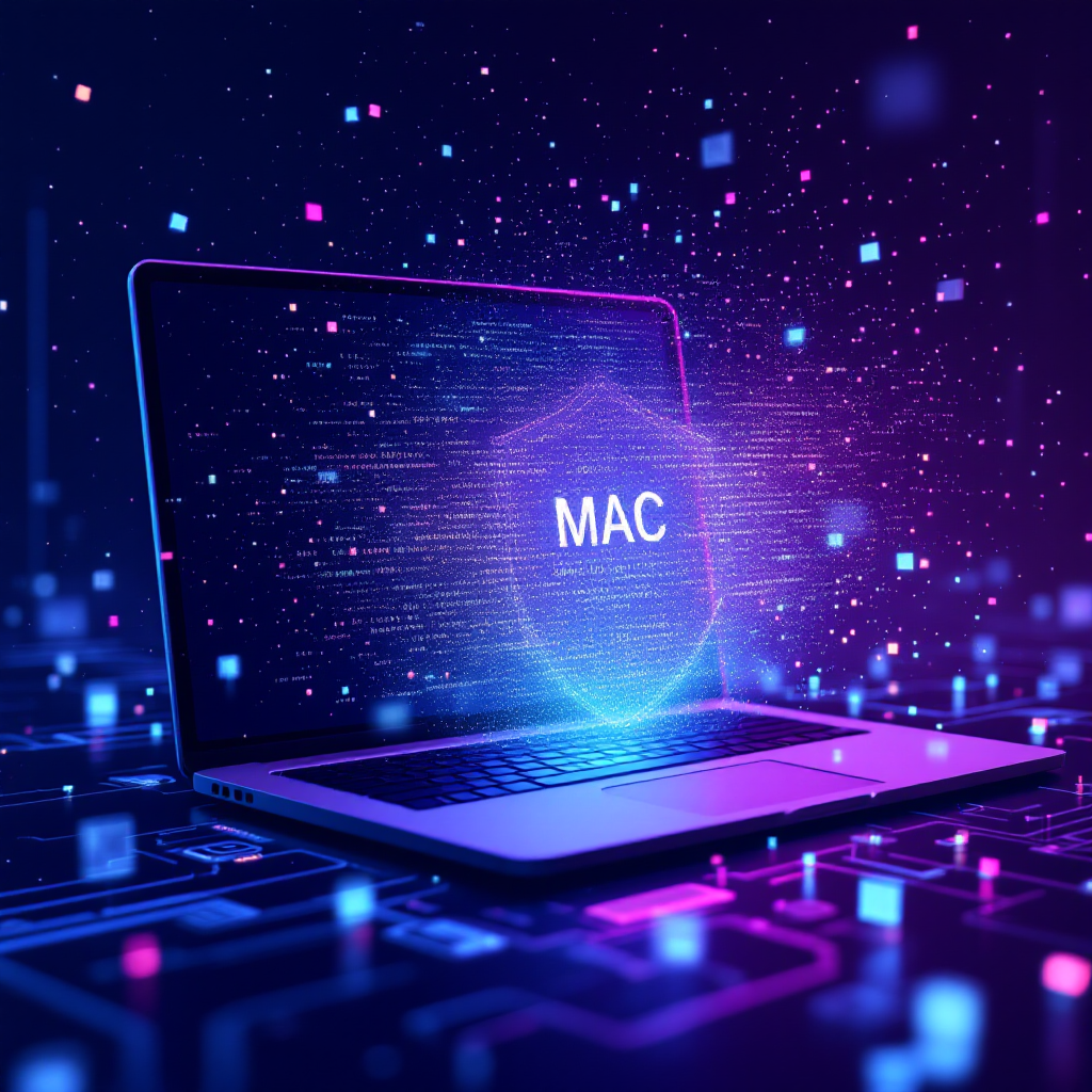 노트북 위에 ‘MAC’ 보안 실드가 나타나며 네트워크 보호 기능을 강조한 사이버 보안 개념 그래픽