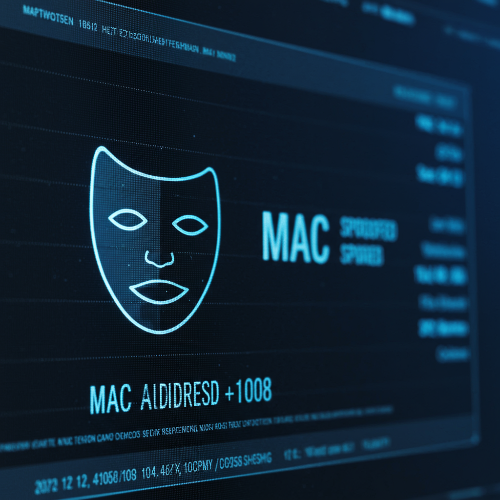 MAC 주소 스푸핑을 경고하는 가면 아이콘과 분석 정보가 표시된 네트워크 보안 모니터링 화면