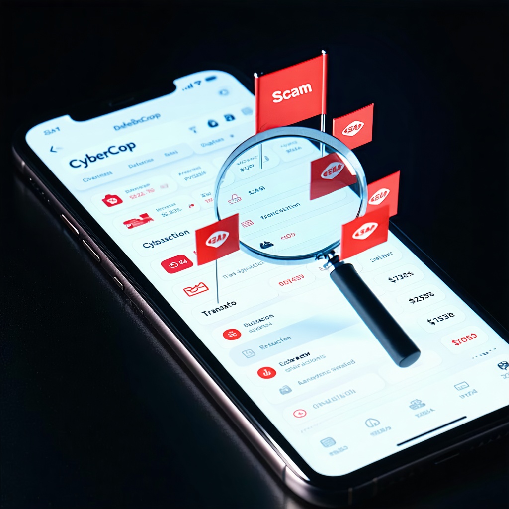 스마트폰 화면 위에서 돋보기와 빨간 경고 깃발이 의심 거래를 표시하고 있다
