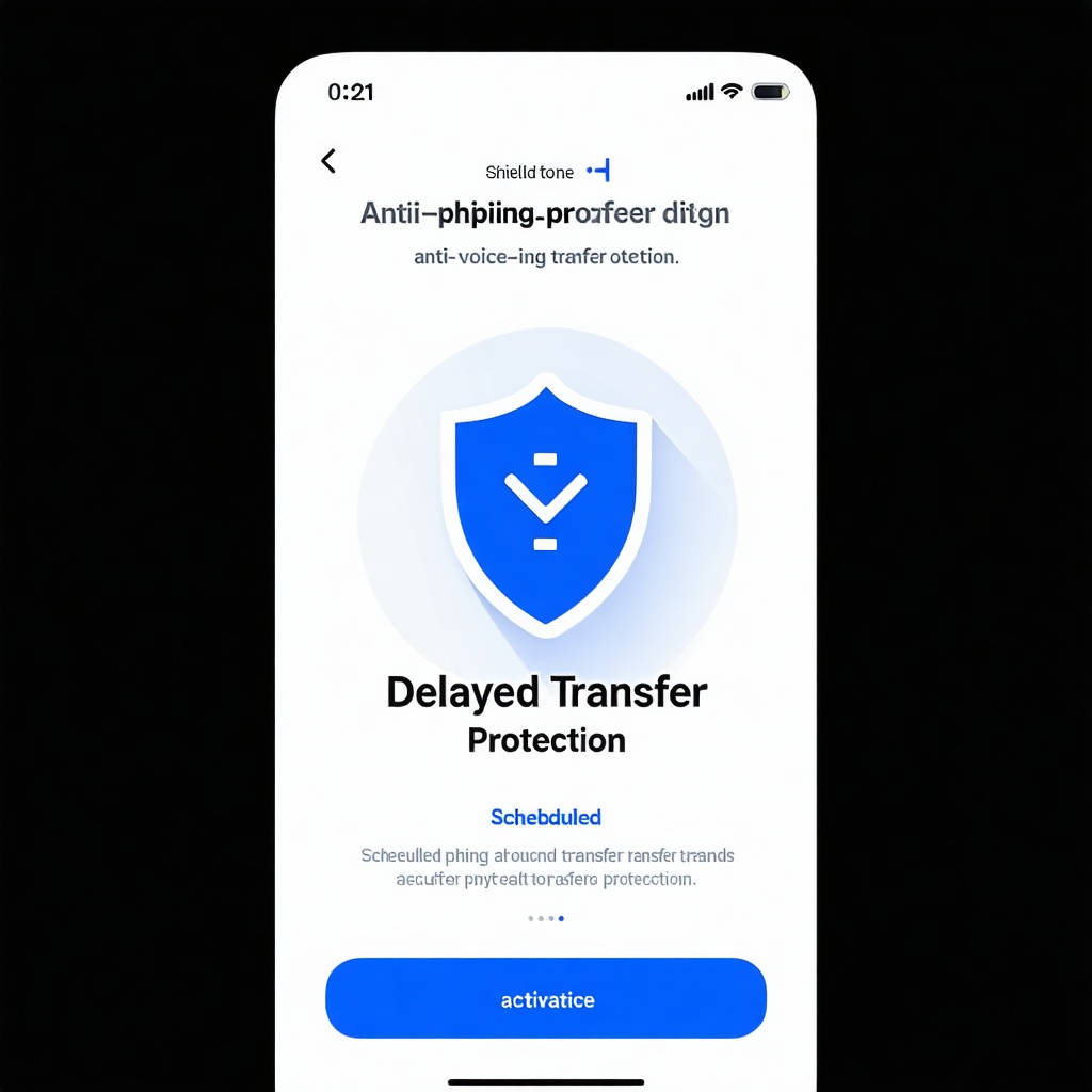 지연 이체 보호 기능을 안내하는 파란색 보안 아이콘과 활성화 버튼이 스마트폰에 표시되어 있다
