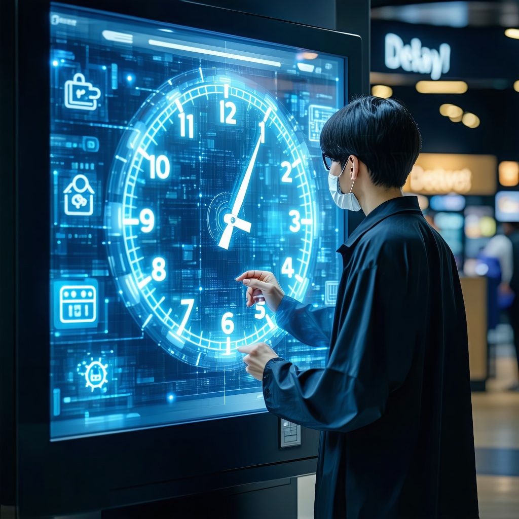 남성이 거대한 디지털 시계 화면을 손으로 터치하며 시간을 조정하고 있다
