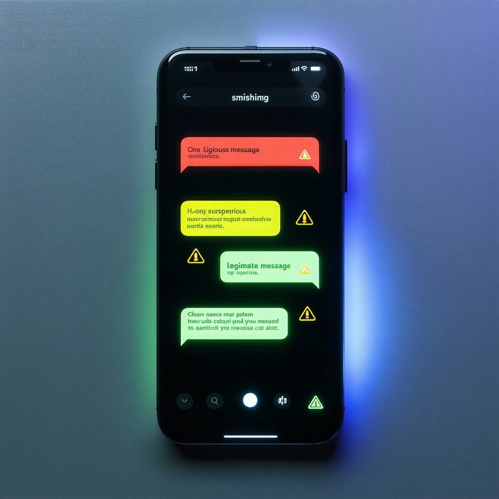 스마트폰 화면에 빨간·노란·초록색으로 구분된 스미싱 경고 메시지가 표시되어 있다