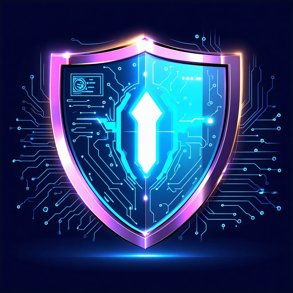 푸른빛 회로망 위에 빛나는 방패 모양의 보안 아이콘이 떠 있다