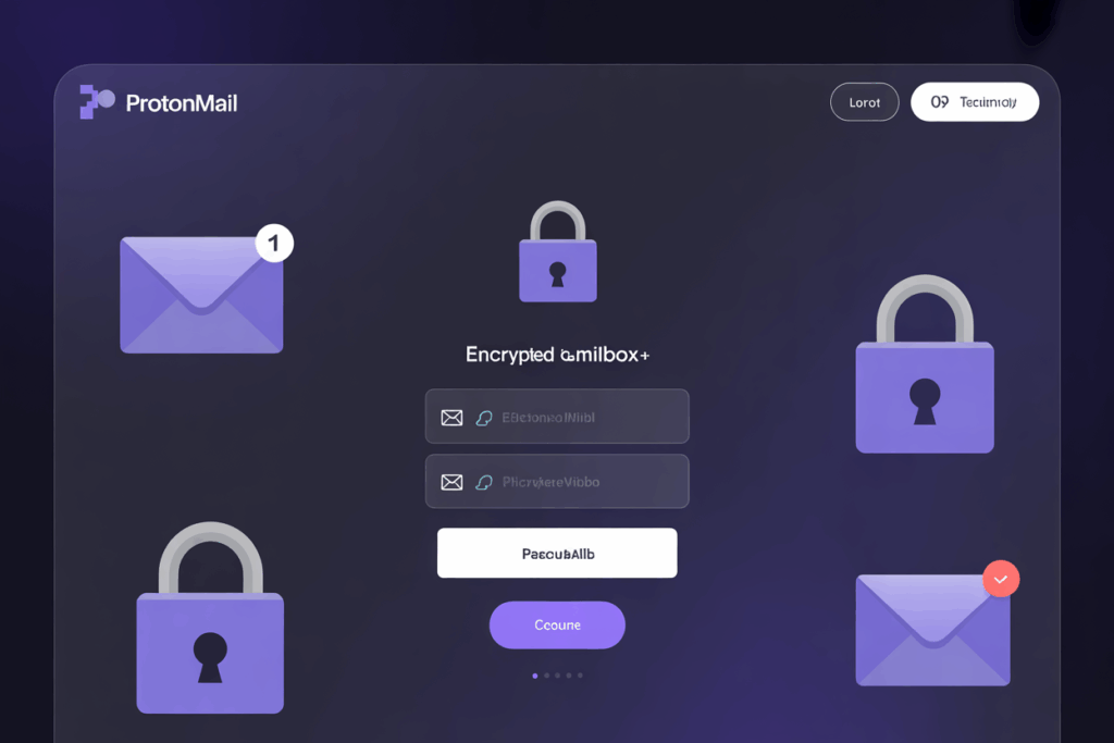 ProtonMail 로그인 화면과 암호화된 메일박스 보안 아이콘이 강조된 이메일 보안 인터페이스