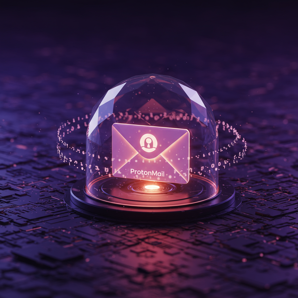 돔 형태의 보호막 안에 ProtonMail 이메일 아이콘이 떠 있는 암호화 이메일 보안 개념 이미지