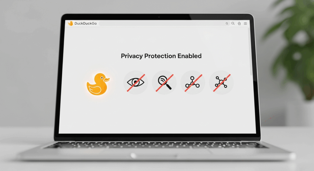 DuckDuckGo 브라우저에서 추적 차단과 개인정보 보호 기능이 활성화된 화면