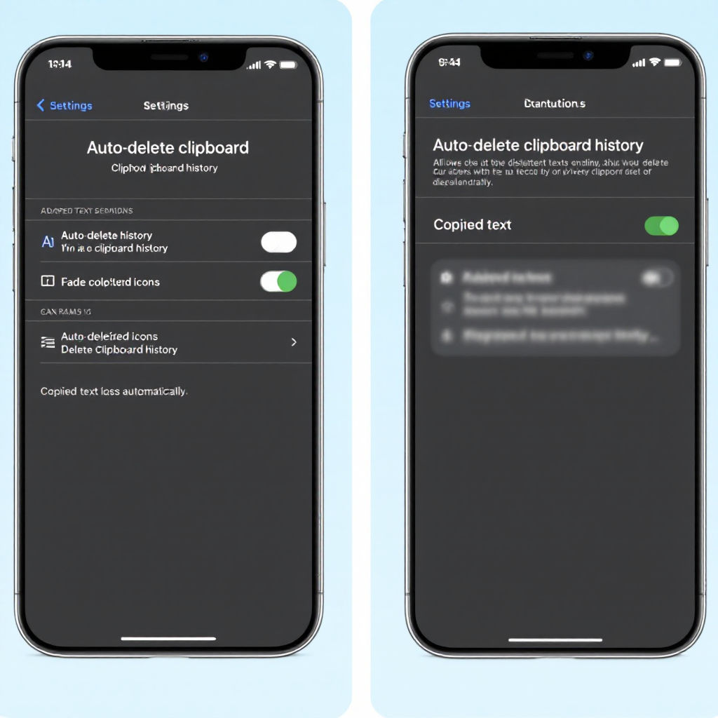 스마트폰 설정 화면에서 클립보드 자동 삭제 기능이 활성화된 프라이버시 보호 설정 UI