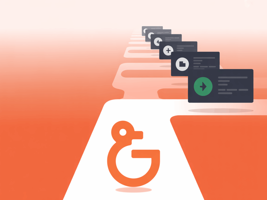 오렌지색 배경 위에서 DuckDuckGo 아이콘을 따라 여러 보안 관련 알림 카드가 나열된 프라이버시 보호 시각화