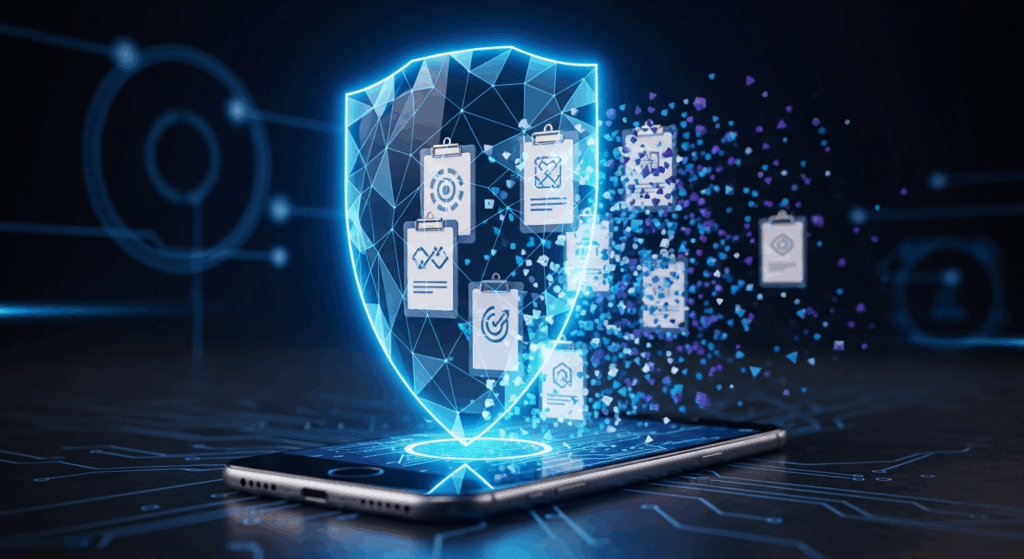 스마트폰 위에 보안 방패가 나타나고 다양한 문서 아이콘이 보호되는 모바일 데이터 보안 개념 그래픽